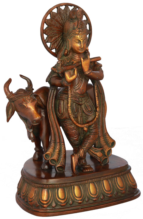 10" Krishna Idol with Cow | Handmade Brass Statue | Made in India