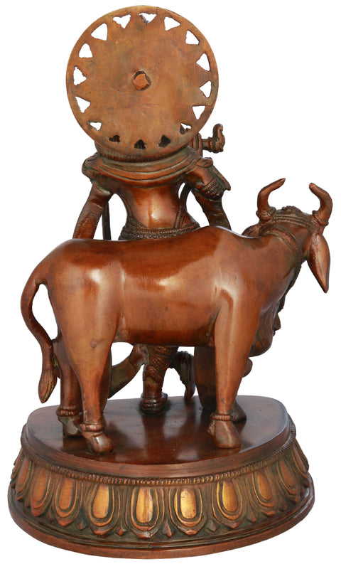 10" Krishna Idol with Cow | Handmade Brass Statue | Made in India