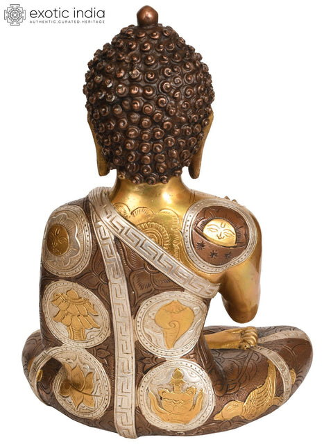 12" Tibetan Buddhist Preaching Buddha: Robe Decorated with Auspicious Symbols and Mantras In Brass | Handmade | Made In India