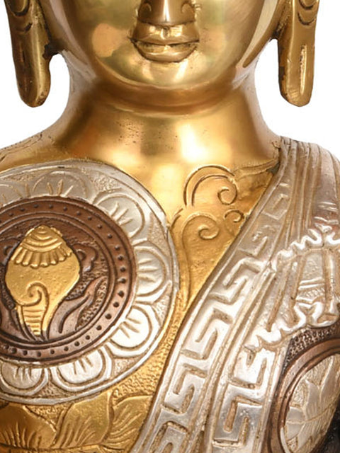 12" Tibetan Buddhist Preaching Buddha: Robe Decorated with Auspicious Symbols and Mantras In Brass | Handmade | Made In India