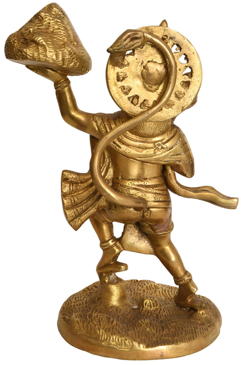 9" Lord Hanuman Lifting Sanjivani Mountain In Brass | Handmade | Made In India