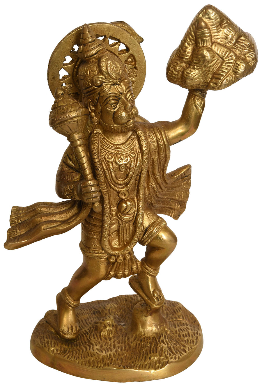 9" Lord Hanuman Lifting Sanjivani Mountain Brass Statue Handmade