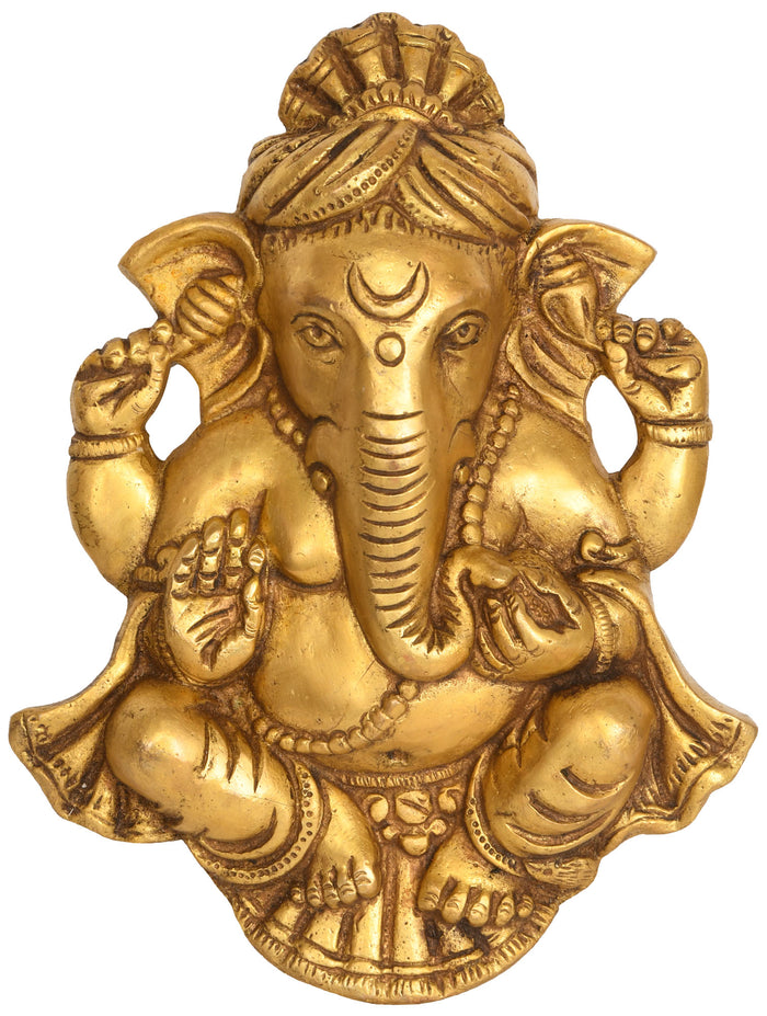 8" Turban Ganesha Brass Wall Hanging Statue Handmade