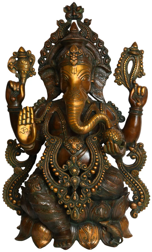 21" Handmade Ganesha Kamalasana Brass Statue for Pooja