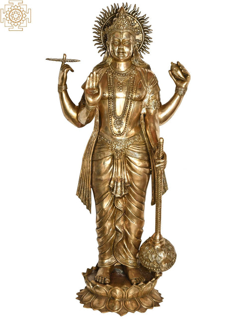 66" Haloed Chaturbhuja Vishnu Brass Statue | Handmade | Made in India