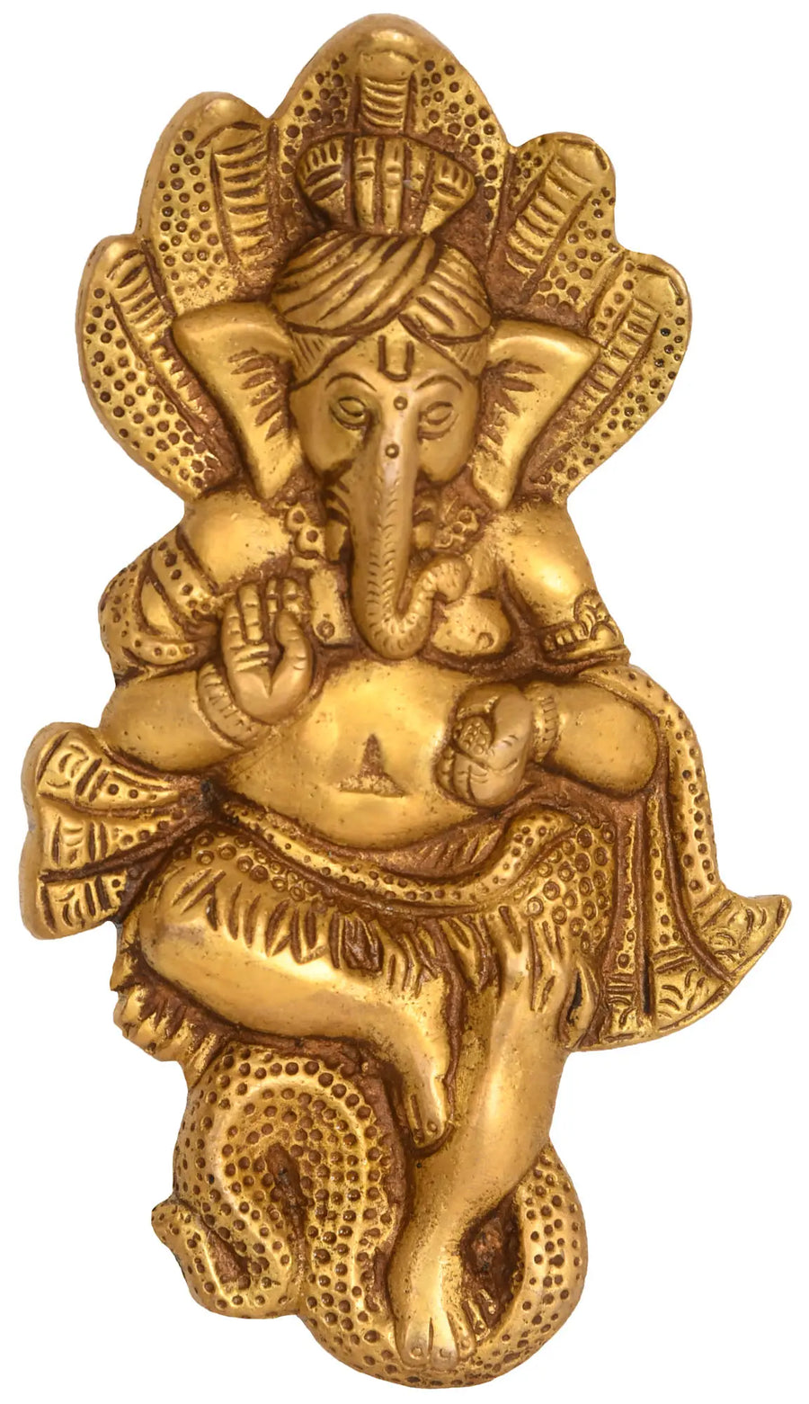 7" Handmade Brass Ganesha Statue Seated on Serpent