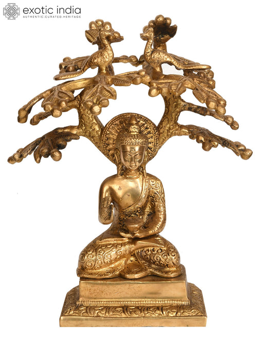 9" Handmade Brass Buddha Under Bodhi Tree Statue