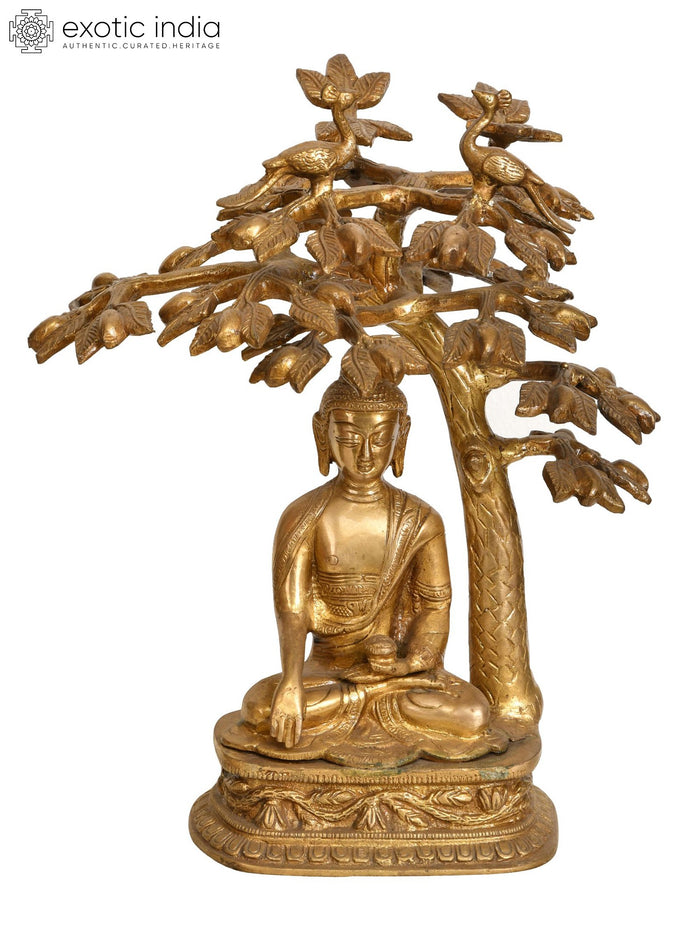 12" Lord Buddha Meditating Bodhi Tree Brass Statue Handmade