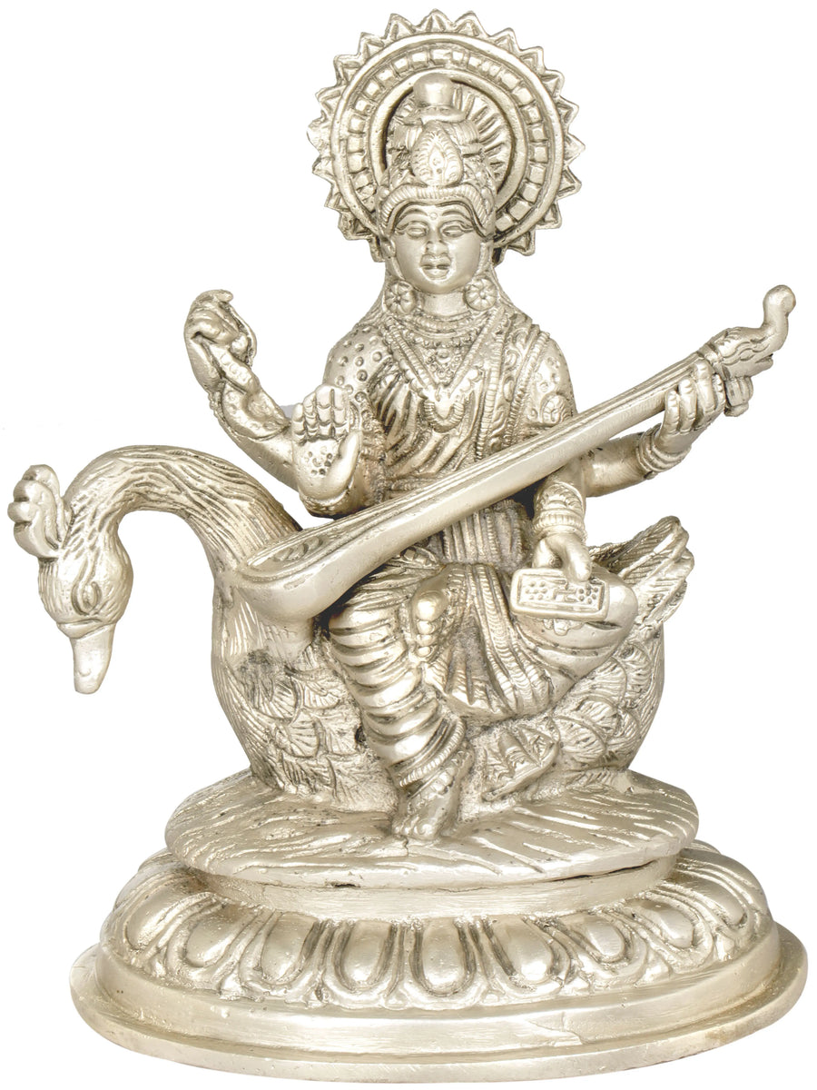 6" Brass Goddess Saraswati Statue Seated on Swan Handmade