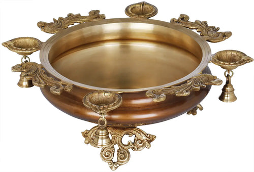 Brass Peacock Urli with Diyas and Hanging Bells for Pooja