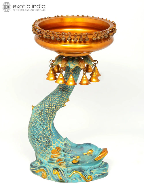 Brass Urli Bowl on Fish Stand with Hanging Bells and Ghungroos