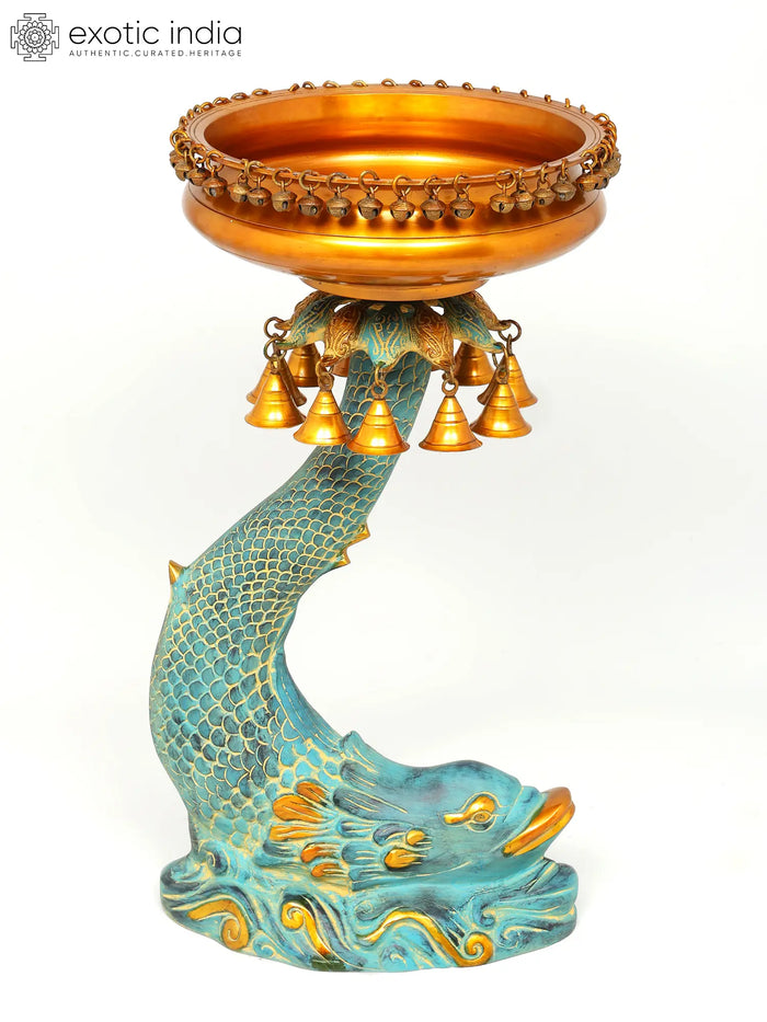 Brass Urli Bowl on Fish Stand with Hanging Bells and Ghungroos