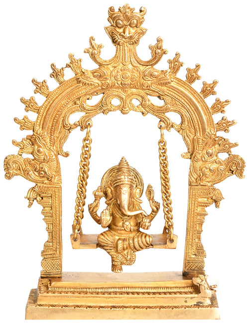 10" Brass Ganesha on Swing Handmade Idol with Kirtimukha