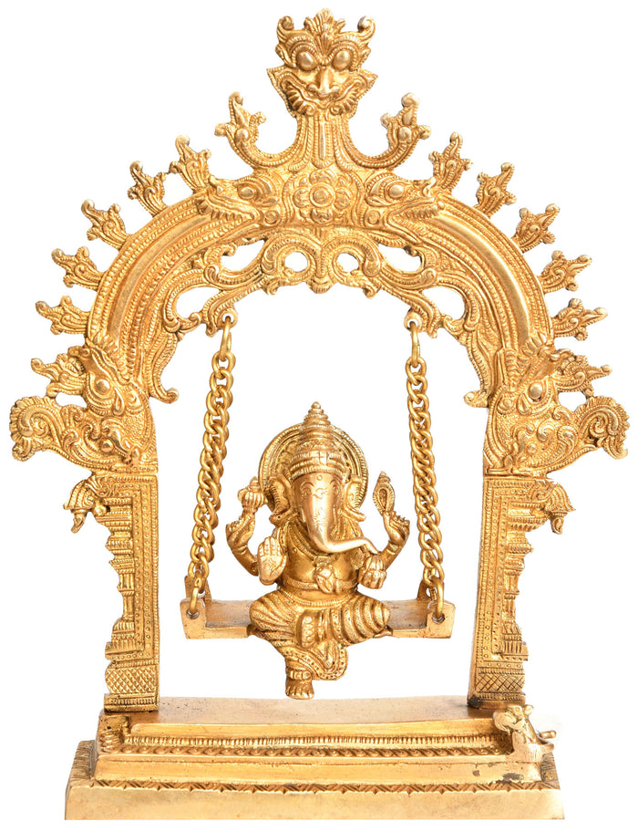 10" Brass Ganesha on Swing Handmade Idol with Kirtimukha