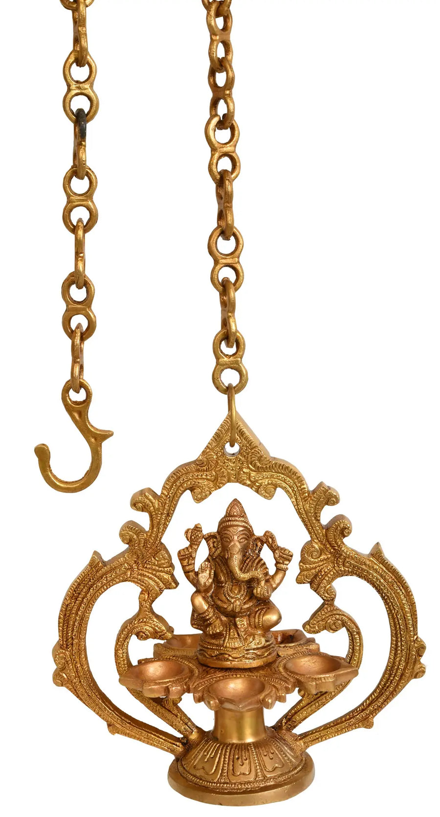 7" Brass Lord Ganesha Five-Wick Hanging Lamp Handmade