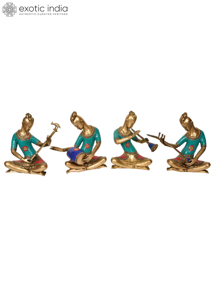 13" Set of Four Musicians Brass Handmade Statue for Home Decor