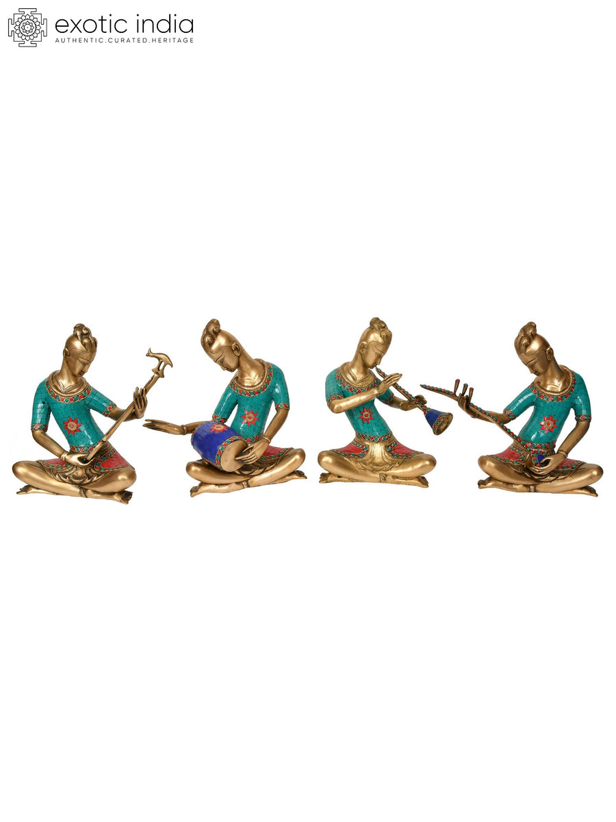 13" Set of Four Musicians Brass Handmade Statue for Home Decor