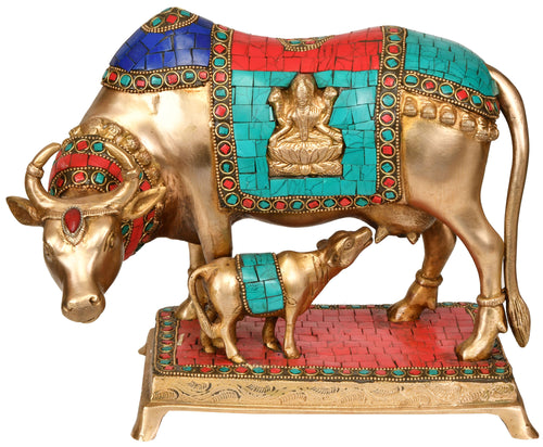 11" Brass Cow and Calf Statue with Lakshmi Ganesha Saddle Decoration Handmade