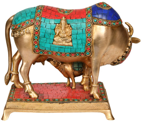 11" Cow and Calf (Saddle Decorated with Lakshmi Ganesha) In Brass | Handmade | Made In India
