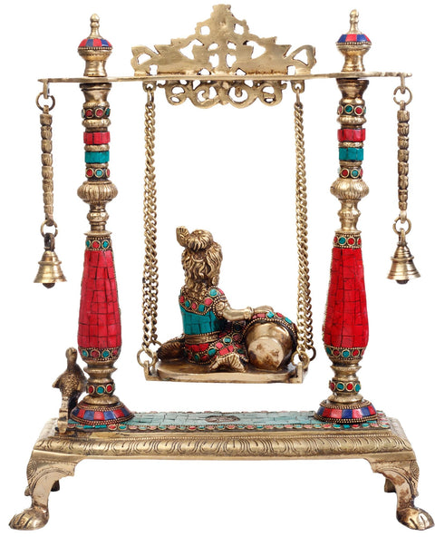 16" Butter Krishna Brass Statue on a Swing | Handmade | Made in India