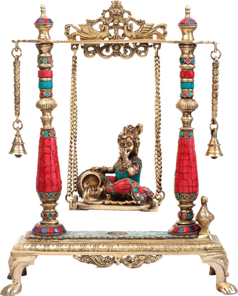 16" Butter Krishna Brass Statue on a Swing | Handmade | Made in India