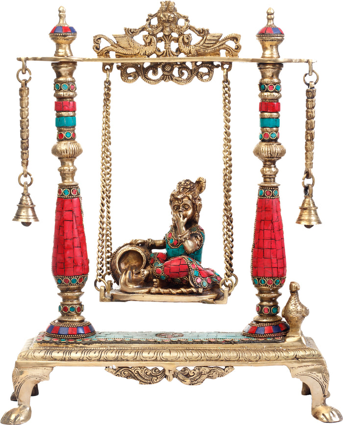 16" Handmade Butter Krishna Brass Statue on Swing