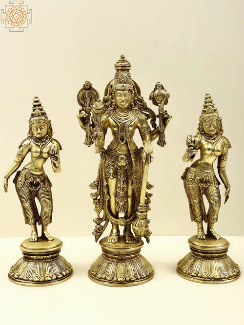 13" Lord Vishnu with Shridevi and Bhudevi Handmade Brass Statue