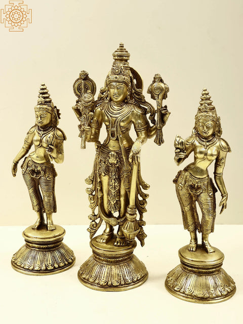 13" Lord Vishnu with Shridevi and Bhudevi | Handmade Brass Statue | Made in India