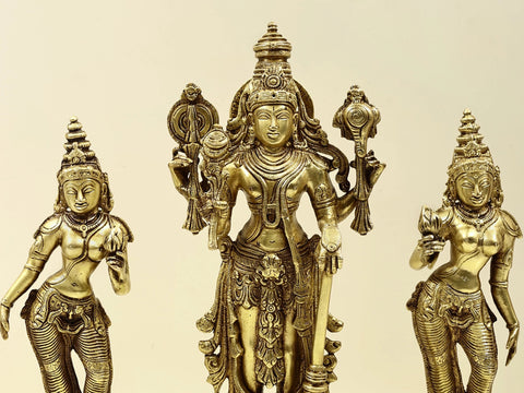 13" Lord Vishnu with Shridevi and Bhudevi | Handmade Brass Statue | Made in India
