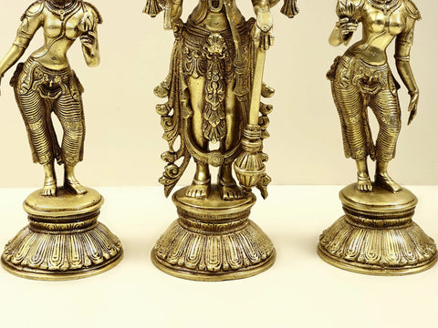 13" Lord Vishnu with Shridevi and Bhudevi | Handmade Brass Statue | Made in India