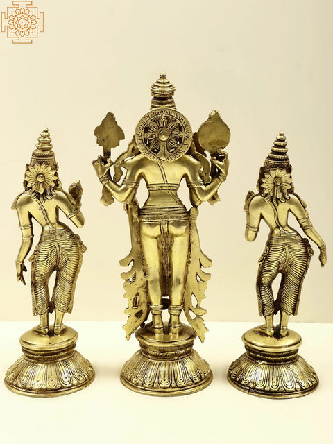 13" Lord Vishnu with Shridevi and Bhudevi | Handmade Brass Statue | Made in India