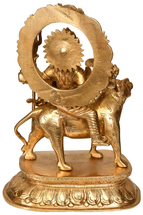 12" Goddess Durga Seated on Lion In Brass | Handmade | Made In India