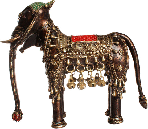 Brass Elephant Idol with Hanging Ghungroos | Folk Statue from Bastar