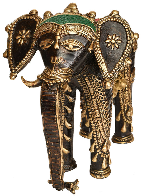 Brass Elephant Idol with Hanging Ghungroos | Folk Statue from Bastar