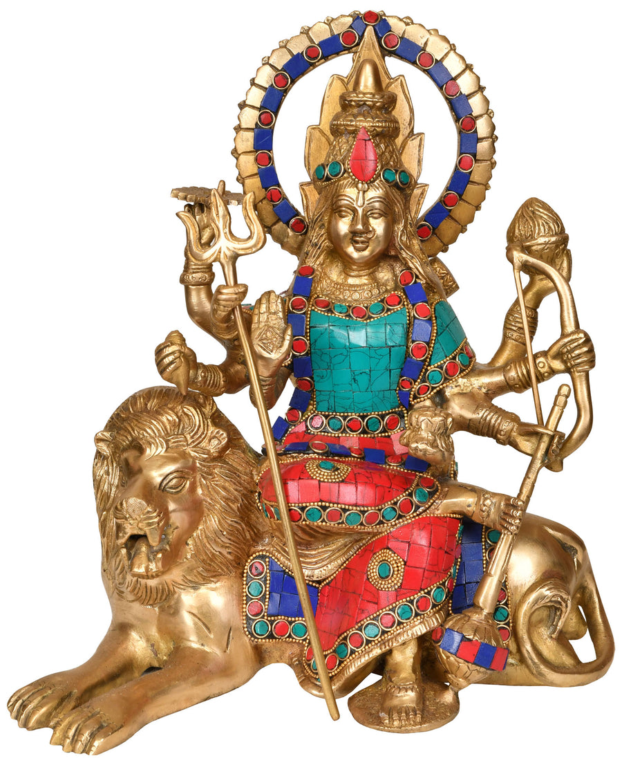 12" Handmade Simhavahini Durga Brass Statue for Pooja