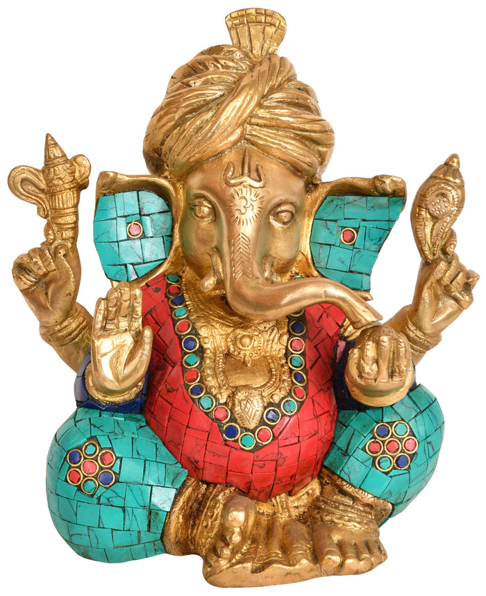 7" Handmade Turbaned Ganesha Brass Statue
