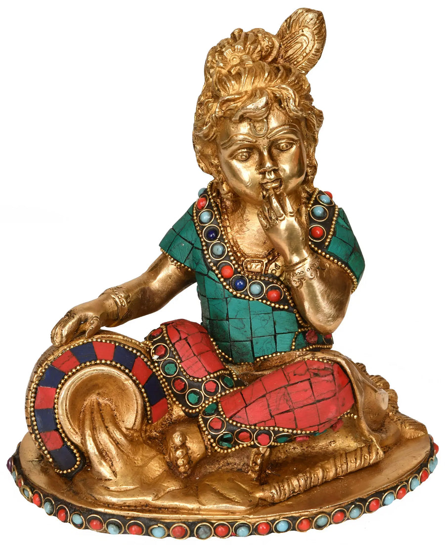 7" Handmade Butter Thief Krishna Brass Statue