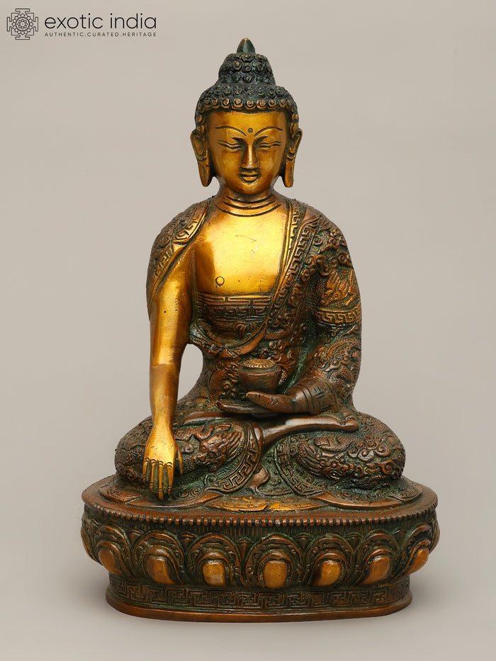 10" Brass Buddha in Bhumisparsha Mudra with Life Scenes Robes