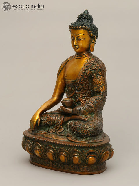 10" The Lord Buddha in Bhumisparsha Mudra (Robes Decorated with the Scenes from His Life) In Brass | Handmade | Made In India