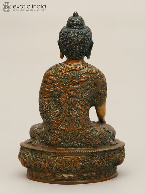 10" The Lord Buddha in Bhumisparsha Mudra (Robes Decorated with the Scenes from His Life) In Brass | Handmade | Made In India
