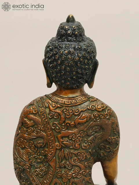 10" The Lord Buddha in Bhumisparsha Mudra (Robes Decorated with the Scenes from His Life) In Brass | Handmade | Made In India