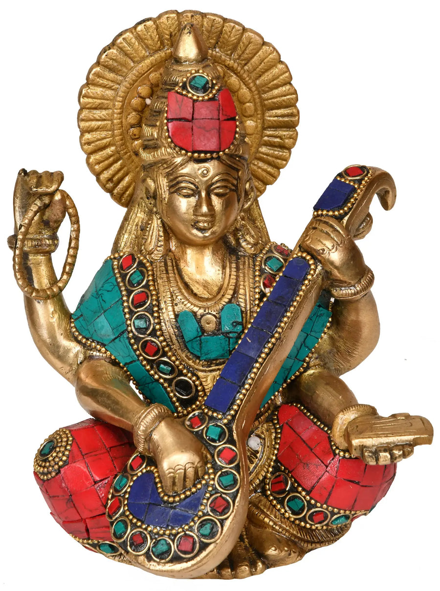 6" Handmade Goddess Saraswati Brass Sculpture for Home Decor