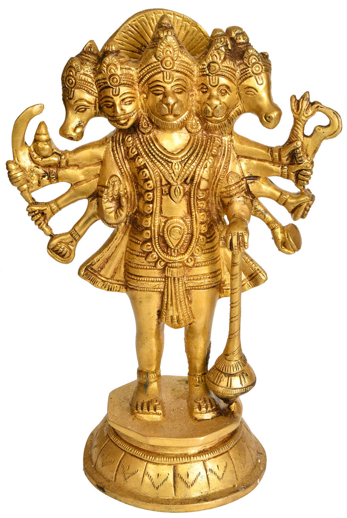 10" Five Headed Hanuman Brass Statue Handmade