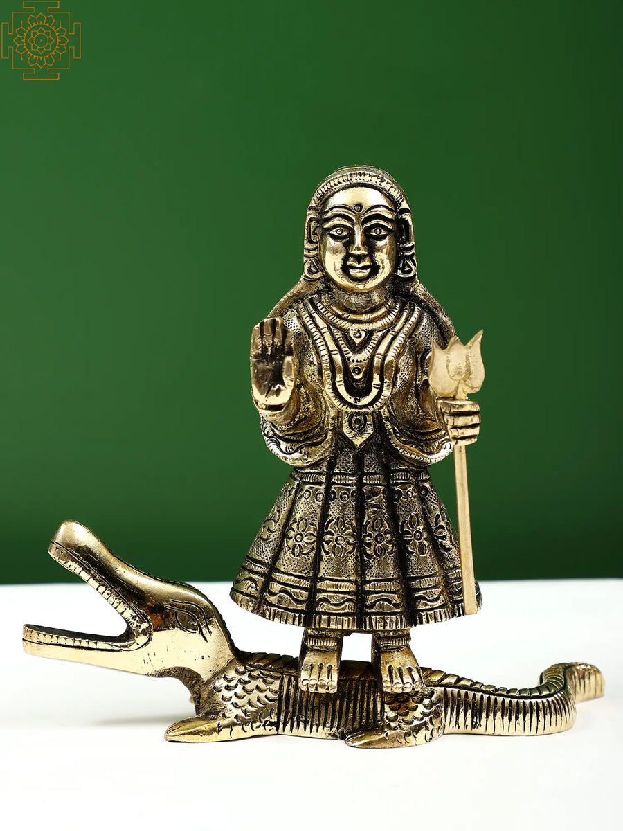 5" Brass Khodiyar Mata Idol on Crocodile Handmade Statue