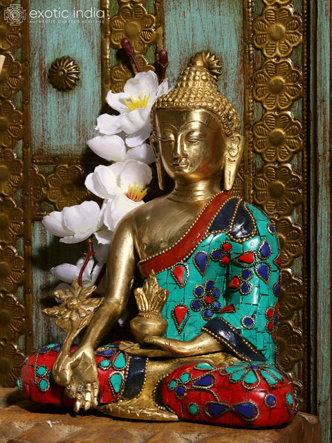 8" The Medicine Buddha (Tibetan Buddhist) | Inlay Buddha | Brass with Stone | Handmade