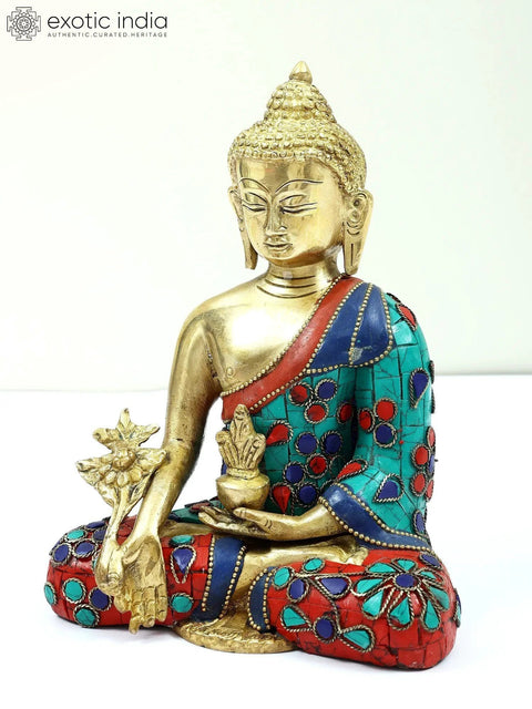 8" The Medicine Buddha (Tibetan Buddhist) | Inlay Buddha | Brass with Stone | Handmade