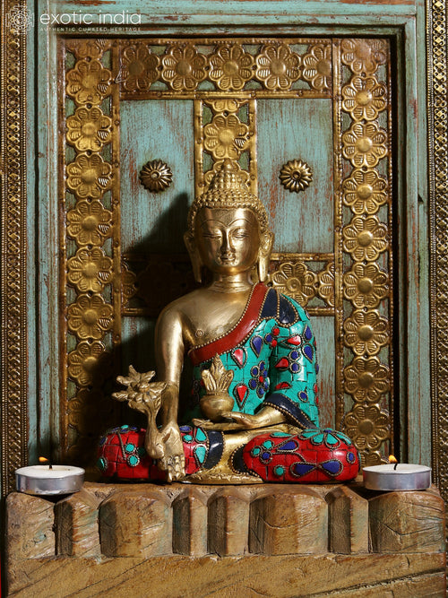 8" Medicine Buddha Tibetan Brass Statue with Stone Inlay Handmade