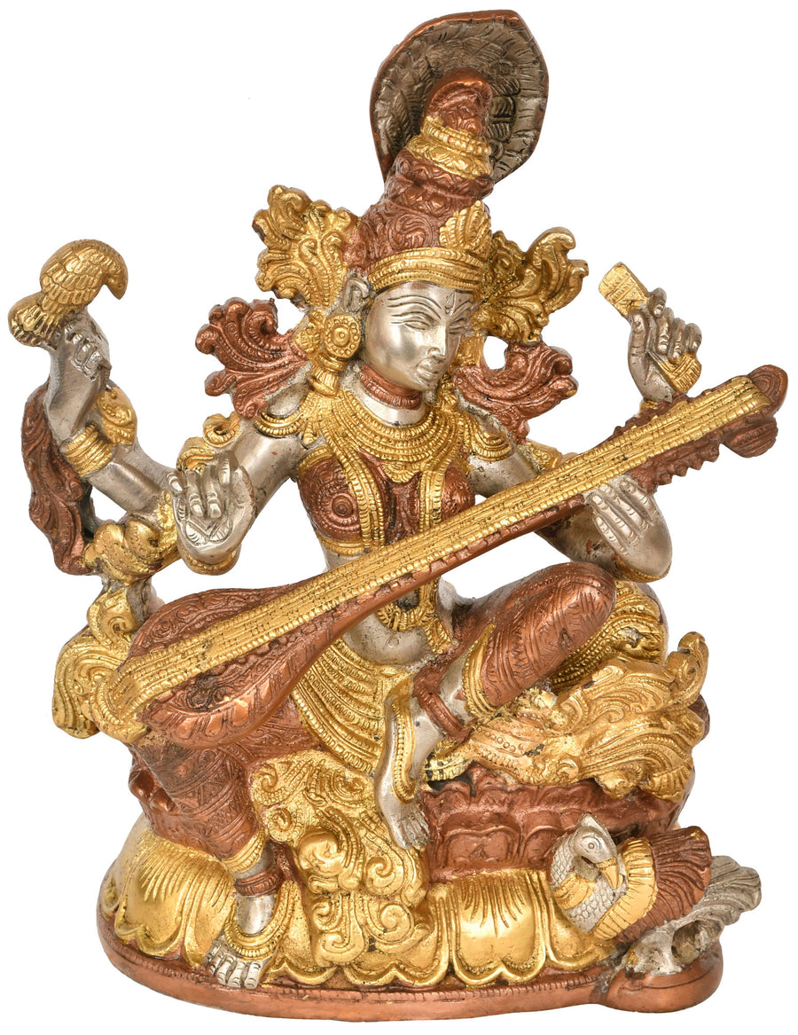 11" Handmade Devi Saraswati Brass Statue for Home Pooja