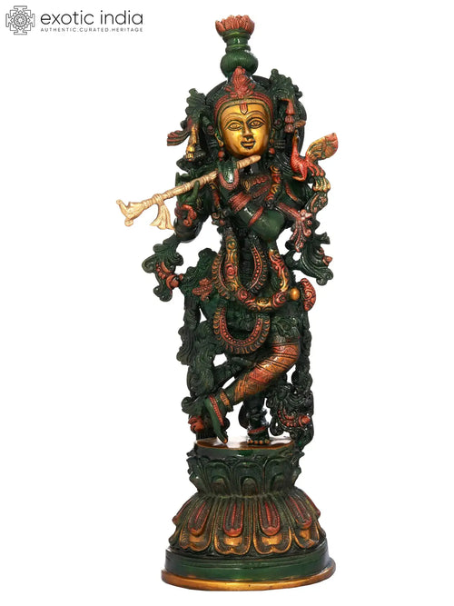 20" Handmade Murli Krishna Brass Statue for Pooja