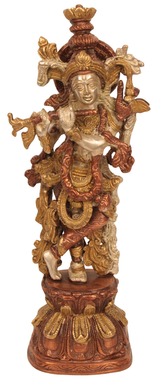 13" Handmade Krishna Flute Player Brass Statue